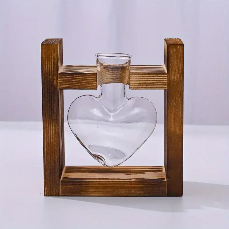 Heart Shaped Hydroponic Glass Plant Vases with Wooden Frame