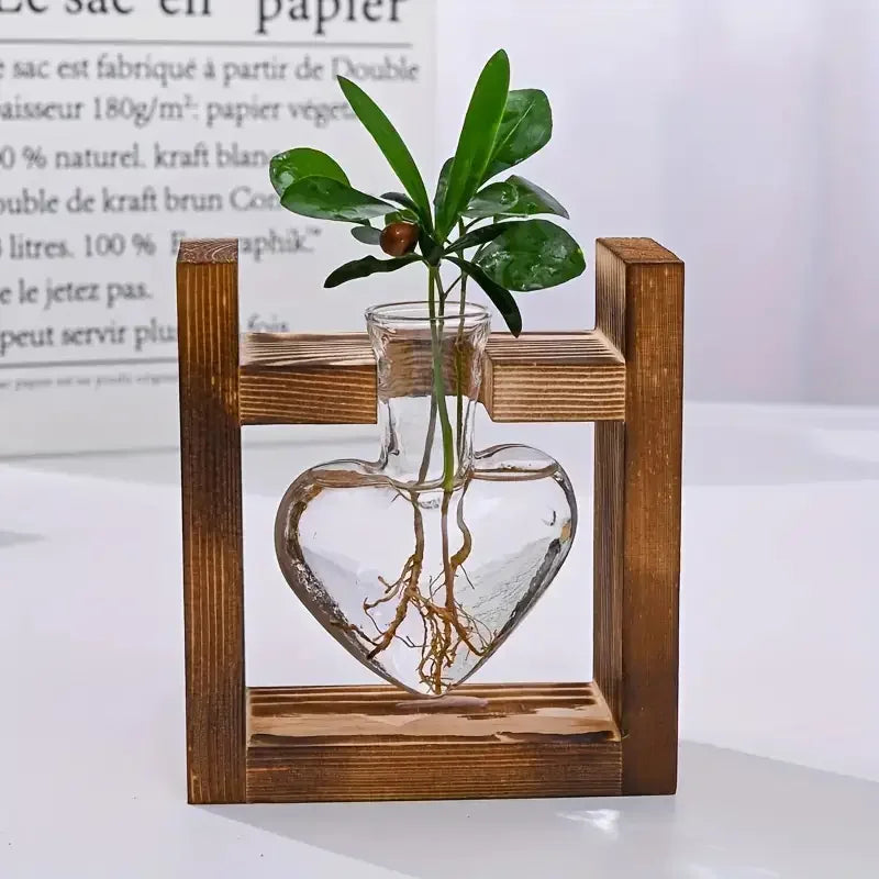 Heart Shaped Hydroponic Glass Plant Vases with Wooden Frame