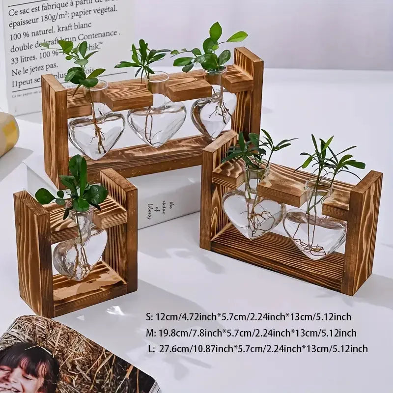 Heart Shaped Hydroponic Glass Plant Vases with Wooden Frame