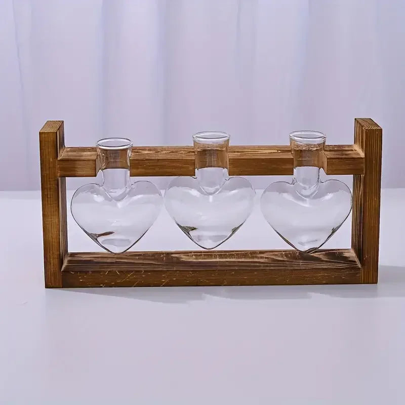 Heart Shaped Hydroponic Glass Plant Vases with Wooden Frame