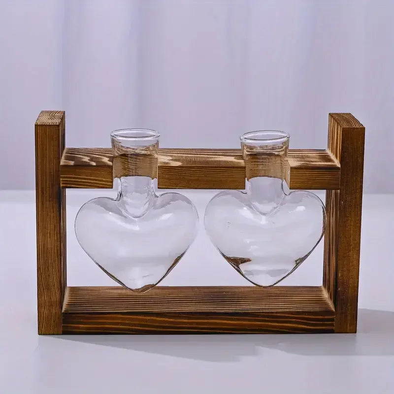 Heart Shaped Hydroponic Glass Plant Vases with Wooden Frame