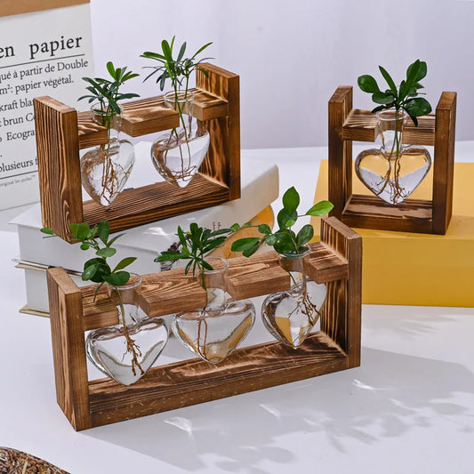 Heart Shaped Hydroponic Glass Plant Vases with Wooden Frame